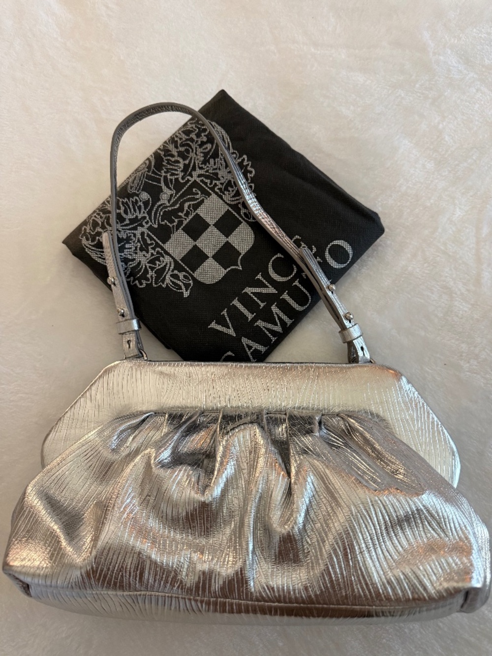 Vince Camuto Amari Metallic Silver Genuine Leather Shoulder Bag Clutch